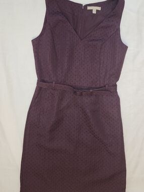 Banana Republic Sleeveless Textured Plum Sheath Dress With V Neck And Belt